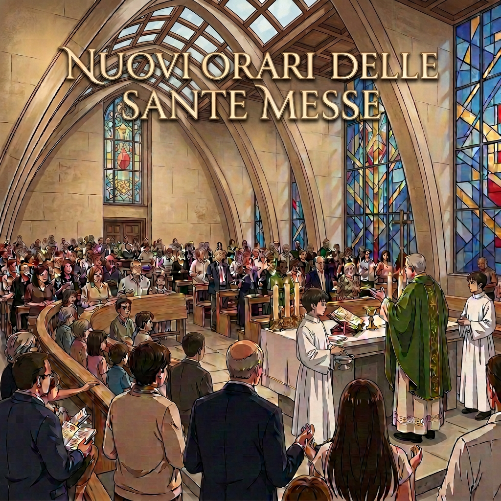 Congregation attending Mass with priest at altar in a stained-glass church